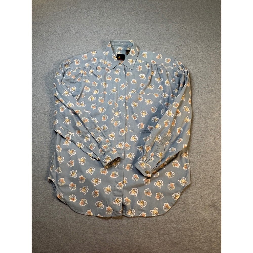Lizsport Vintage Floral Cotton Button Down Shirt Blue Long Sleeve Size S 90s